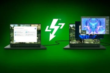 دو لپ تاپ که با کابل به هم وصل شده اند