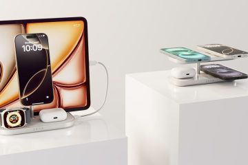 گوشی، ساعت و هدفون اپل درحال شارژ با شارژر بی‌سیم دوطبقه‌ی Zens
