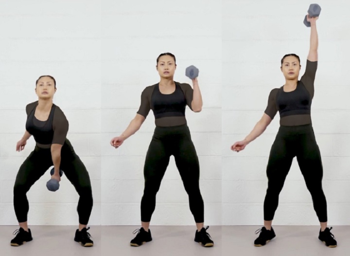 حرکات بدنسازی با دمبل؛ ۲۷ تمرین و انواع حرکات با دمبل_سلوادور 82 ورزش با دمبل - اسکوات و پرس سرشانه