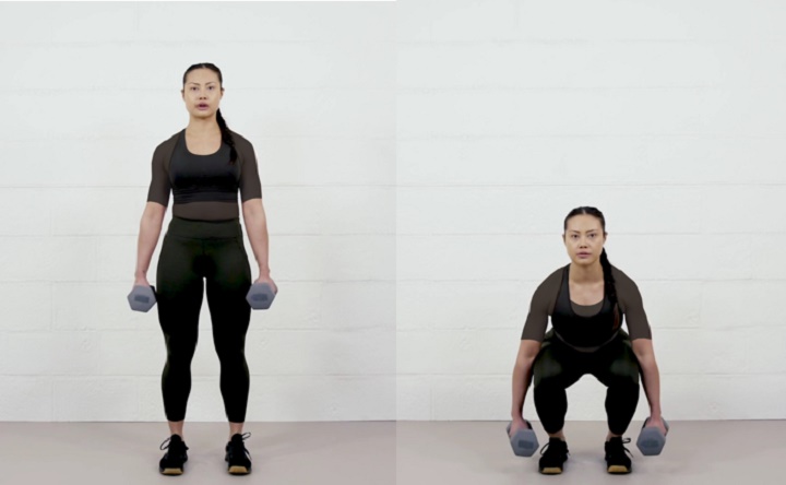 حرکات بدنسازی با دمبل؛ ۲۷ تمرین و انواع حرکات با دمبل_سلوادور 83 ورزش با دمبل - اسکوات چمدان