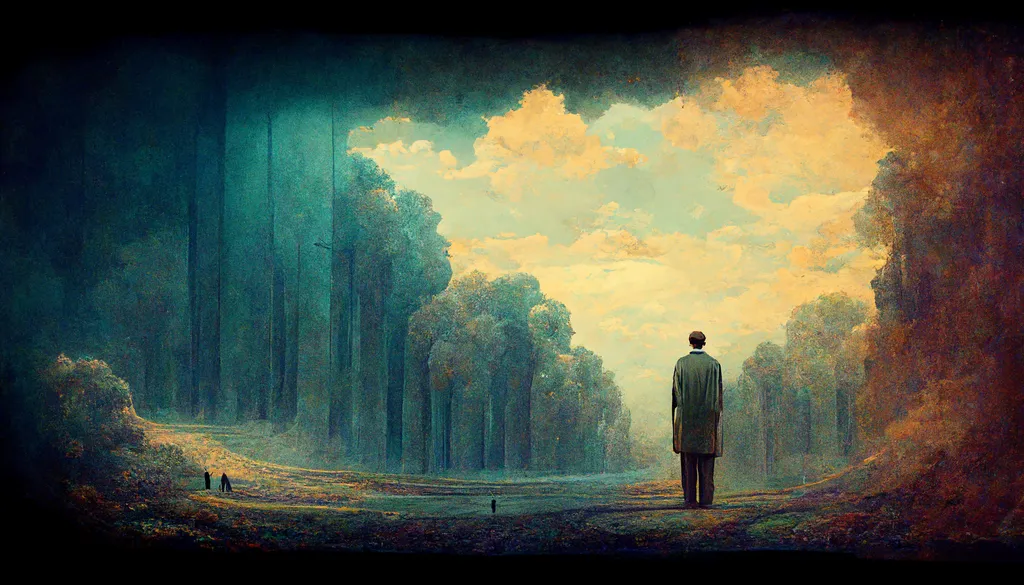 مرد در نمای نقاشی درختان سبز پاییزی و آسمان