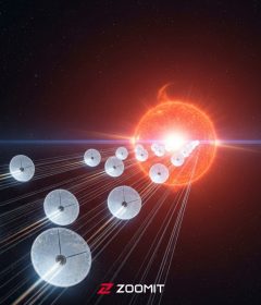 تصویرسازی از نانوفضاپیماها درحال گذر از کنار ستاره‌ای سرخ